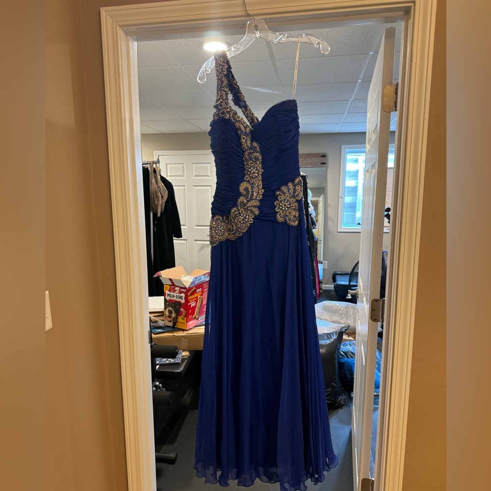 Sherri hill royal blue tea length gown, size 6 with crystal one shoulder